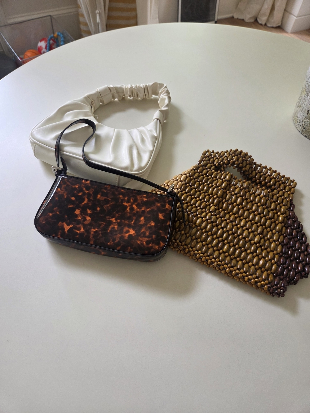 White Ruched, Beaded and tortoiseshell Mini Handbags
